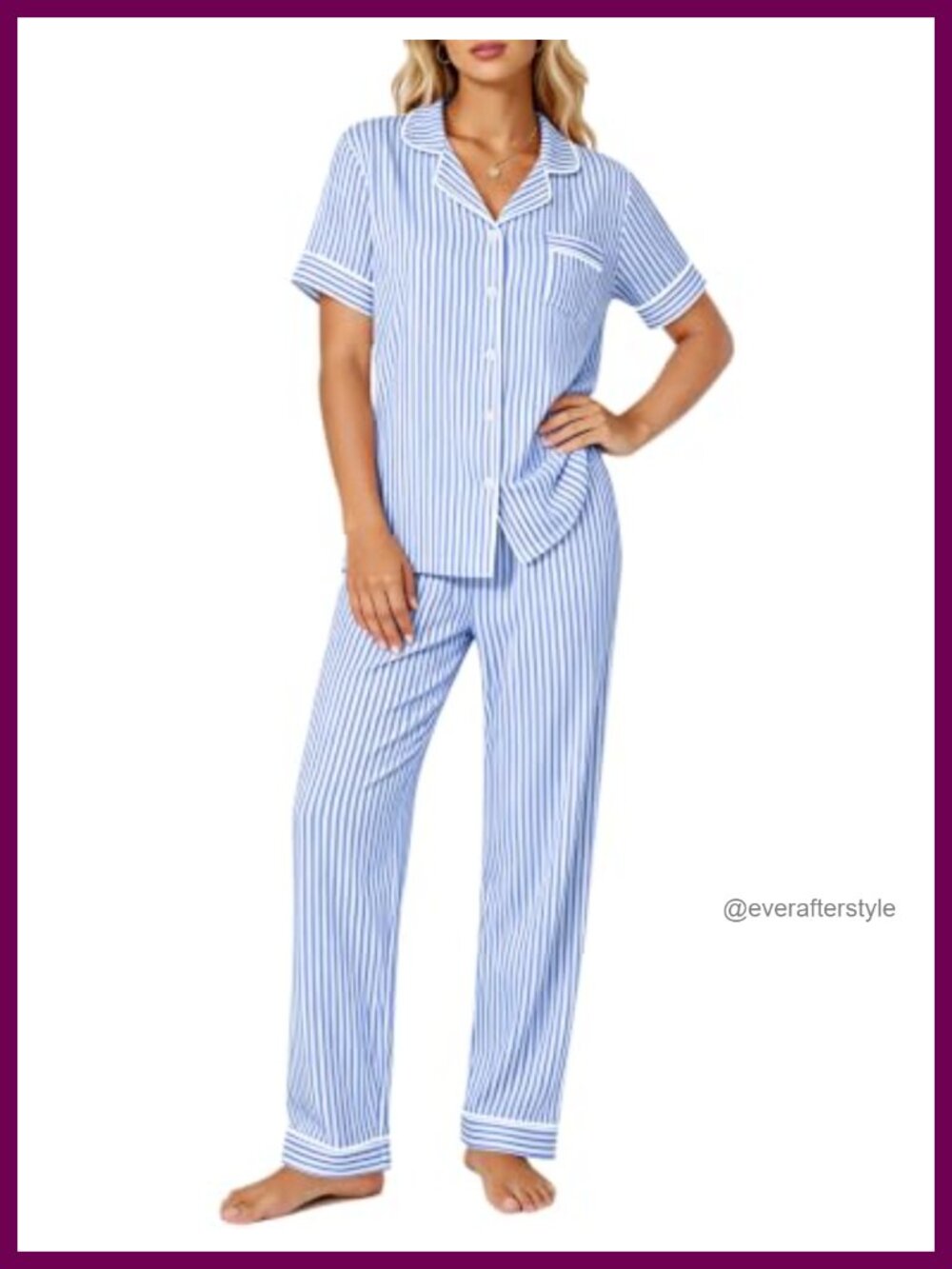 Cotton Seersucker Pajama Set Short Sleeve Top & Pants Pockets